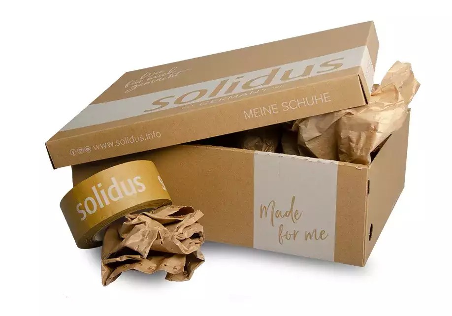De schoenen van Solidus komen steeds in een ecologische verpakking van onbehandeld karton
